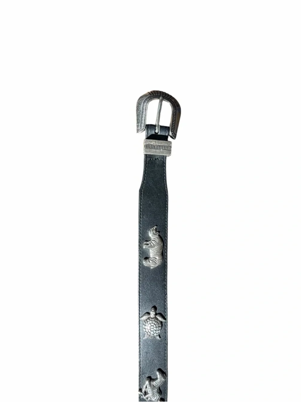 CABELA’S BLACK LEATHER BELT WITH SILVER ANIMAL CONCHOS – VINTAGE 1991 MEDIUM